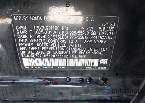 2024 Honda Hr-V 2Wd Sport/2Wd Sport W/O Bsi from USA, damaged, VIN 3CZRZ1H54RM733482